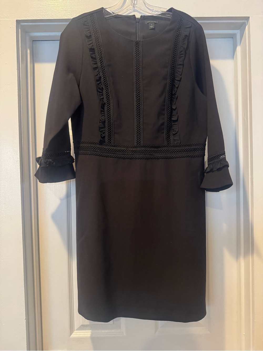 Ann Taylor Black Ruffle-Trim Long Sleeve Sheath Dress